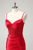 Load image into Gallery viewer, Stylish Red Bodycon Spaghetti Straps Corset Satin Graduation Dress with Slit