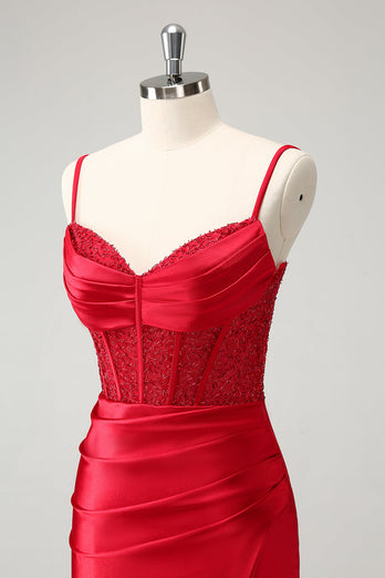 Stylish Red Bodycon Spaghetti Straps Corset Satin Graduation Dress with Slit