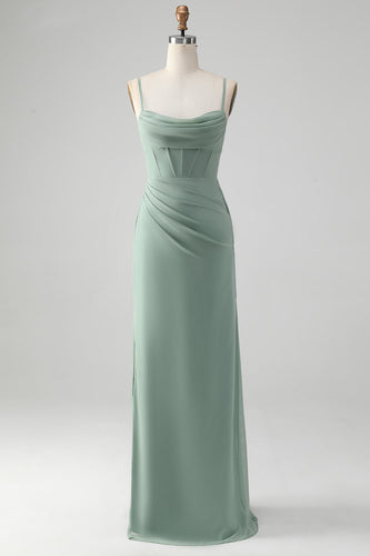 Chiffon Grey Green Sheath Corset Cowl Neck Bridesmaid Dress with Slit