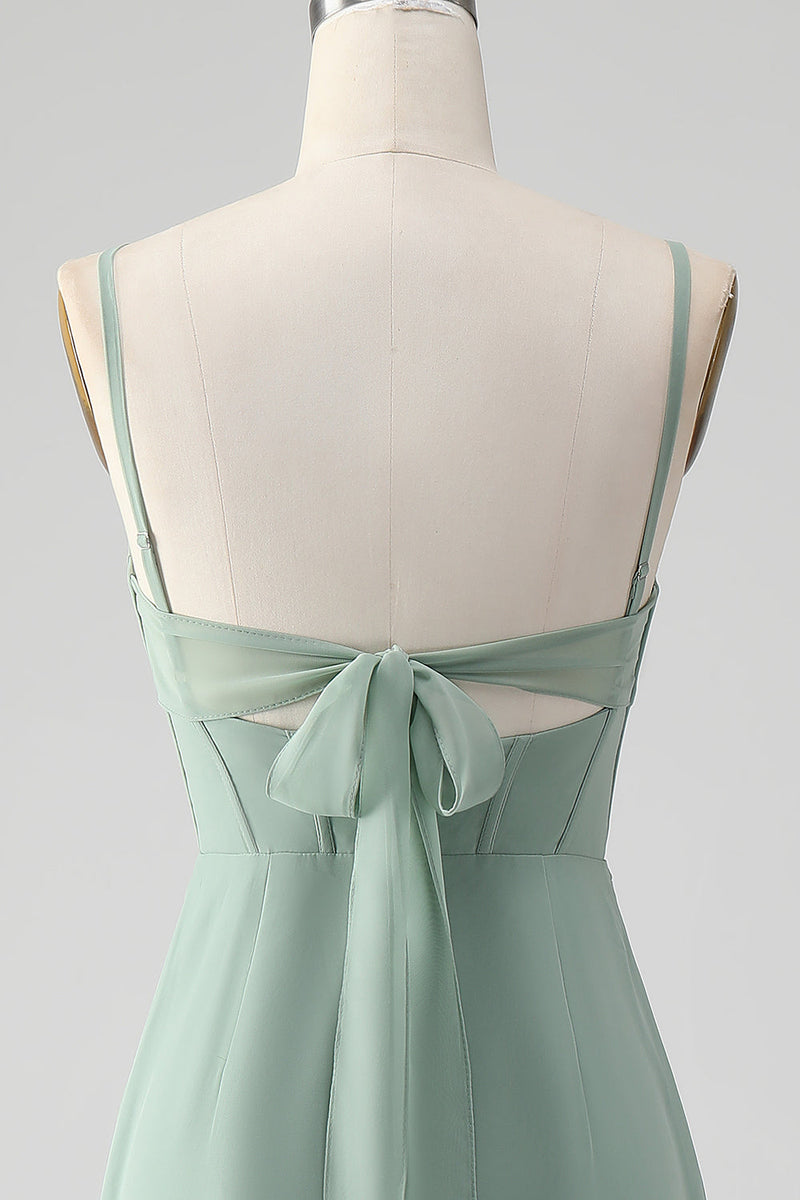 Load image into Gallery viewer, Chiffon Grey Green Sheath Corset Cowl Neck Bridesmaid Dress with Slit