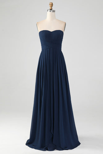 Navy A Line Sweetheart Pleated Long Bridesmaid Dress