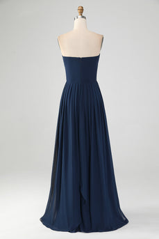 Navy A Line Sweetheart Pleated Long Bridesmaid Dress