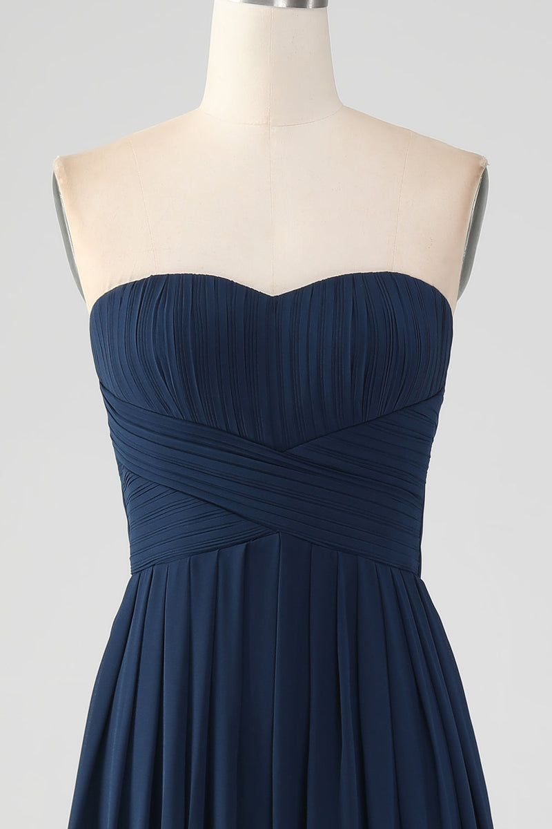 Load image into Gallery viewer, Navy A Line Sweetheart Pleated Long Bridesmaid Dress