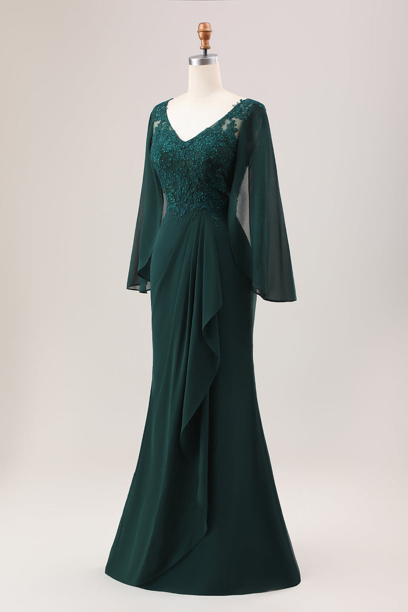 Load image into Gallery viewer, Glitter Dark Green Mermaid Chiffon Long Sleeves Mother of Bride Dress