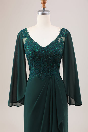 Glitter Dark Green Mermaid Chiffon Long Sleeves Mother of Bride Dress