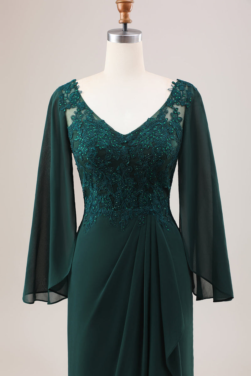 Load image into Gallery viewer, Glitter Dark Green Mermaid Chiffon Long Sleeves Mother of Bride Dress