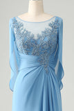 Saprkly Blue Mermaid Beaded Appliques Mother of Bride Dress with Shawl