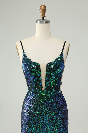 Sparkly Dark Green Spaghetti Straps Tight Short Graduation Dress with Sequins