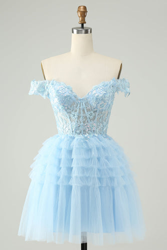 Light Blue A Line Off The Shoulder Corset Short Graduation Dress