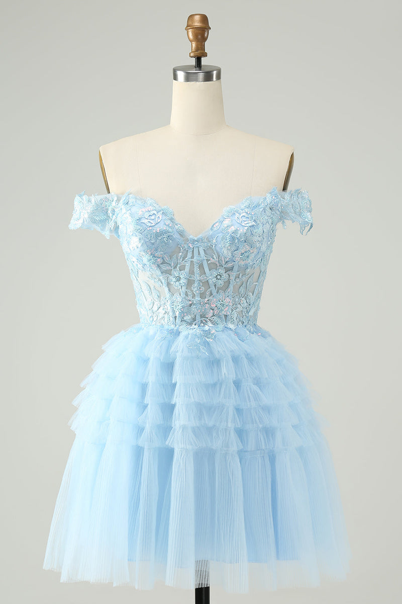 Load image into Gallery viewer, Light Blue A Line Off The Shoulder Corset Short Graduation Dress