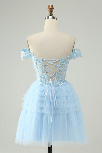 Light Blue A Line Off The Shoulder Corset Short Graduation Dress