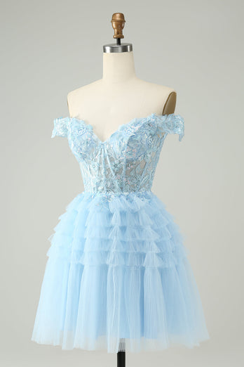 Light Blue A Line Off The Shoulder Corset Short Graduation Dress