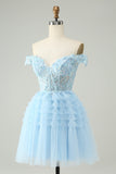 Light Blue A Line Off The Shoulder Corset Short Graduation Dress