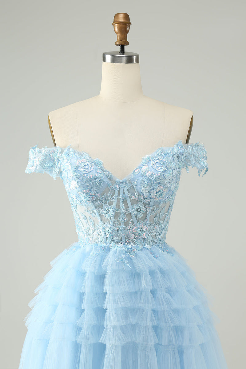 Load image into Gallery viewer, Light Blue A Line Off The Shoulder Corset Short Graduation Dress