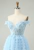 Load image into Gallery viewer, Light Blue A Line Off The Shoulder Corset Short Graduation Dress