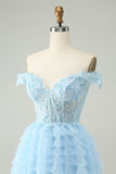 Light Blue A Line Off The Shoulder Corset Short Graduation Dress