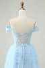 Load image into Gallery viewer, Light Blue A Line Off The Shoulder Corset Short Graduation Dress