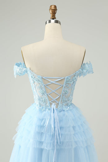 Light Blue A Line Off The Shoulder Corset Short Graduation Dress