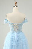 Light Blue A Line Off The Shoulder Corset Short Graduation Dress