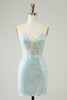 Load image into Gallery viewer, Sparkly Light Blue Spaghetti Straps Tight Short Graduation Dress with Slit