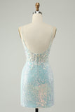 Sparkly Light Blue Spaghetti Straps Tight Short Graduation Dress with Slit