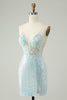 Load image into Gallery viewer, Sparkly Light Blue Spaghetti Straps Tight Short Graduation Dress with Slit