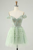 Load image into Gallery viewer, Sparkly Light Green A Line Off The Shoulder Corset Tulle Graduation Dress