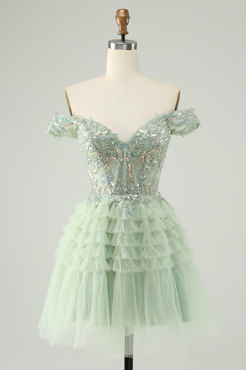 Load image into Gallery viewer, Sparkly Light Green A Line Off The Shoulder Corset Tulle Graduation Dress