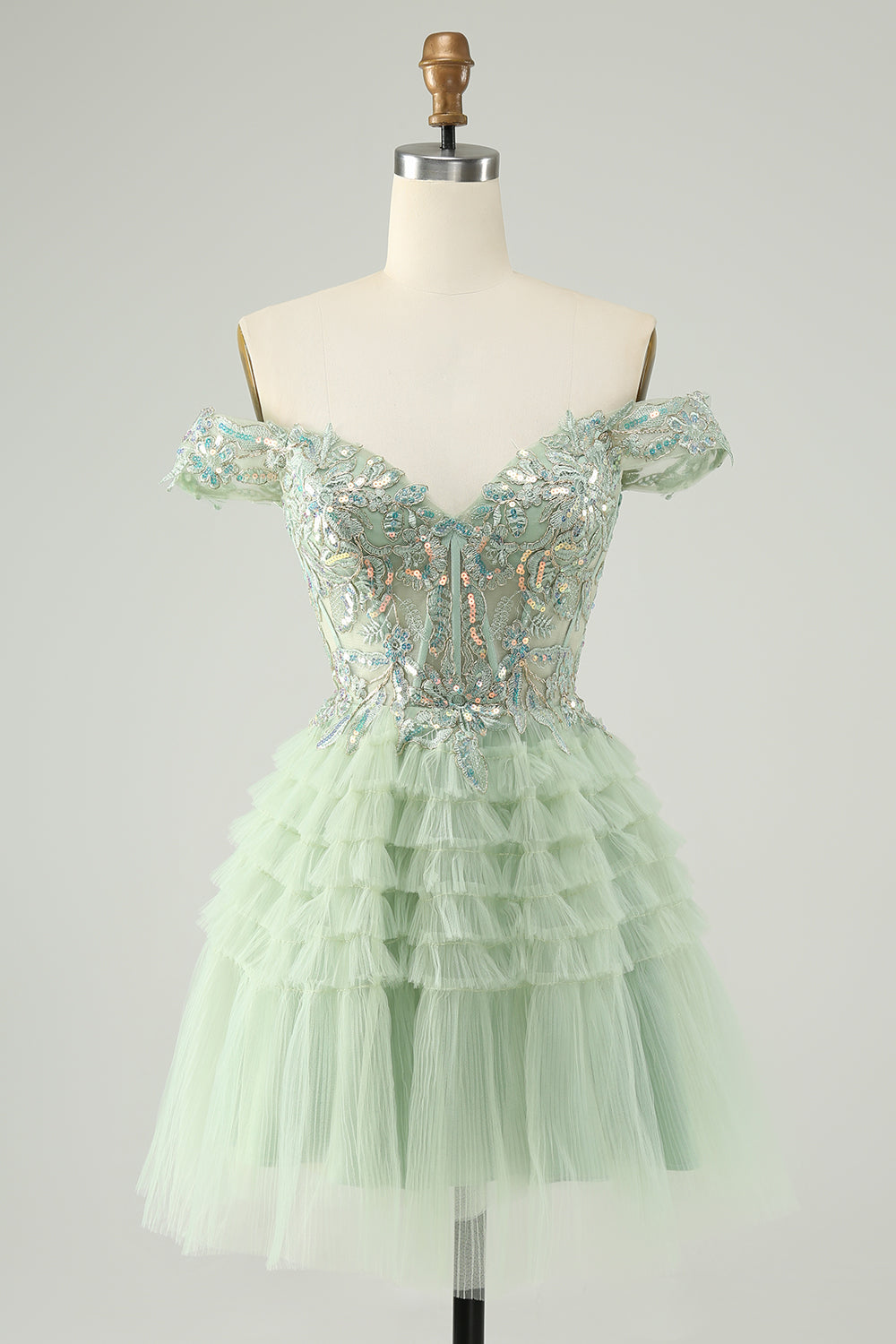 Sparkly Light Green A Line Off The Shoulder Corset Tulle Graduation Dress