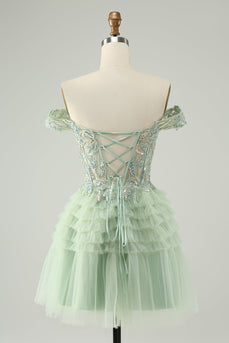 Sparkly Light Green A Line Off The Shoulder Corset Tulle Graduation Dress