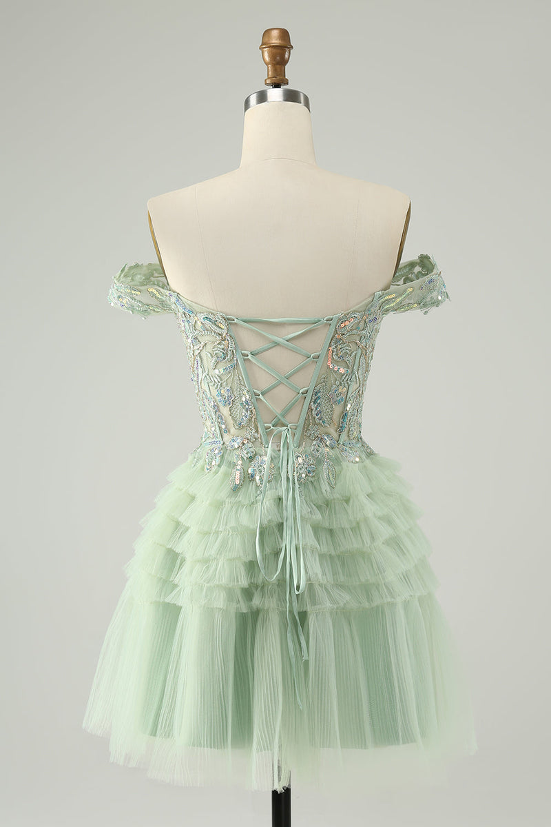 Load image into Gallery viewer, Sparkly Light Green A Line Off The Shoulder Corset Tulle Graduation Dress