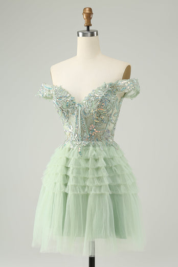 Sparkly Light Green A Line Off The Shoulder Corset Tulle Graduation Dress