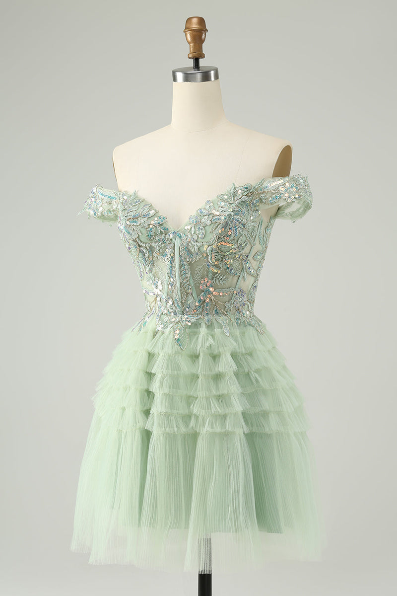 Load image into Gallery viewer, Sparkly Light Green A Line Off The Shoulder Corset Tulle Graduation Dress