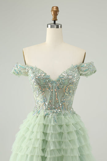 Sparkly Light Green A Line Off The Shoulder Corset Tulle Graduation Dress