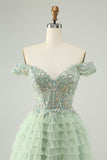 Sparkly Light Green A Line Off The Shoulder Corset Tulle Graduation Dress