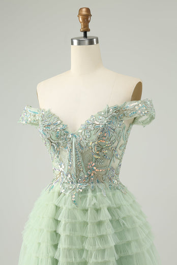 Sparkly Light Green A Line Off The Shoulder Corset Tulle Graduation Dress