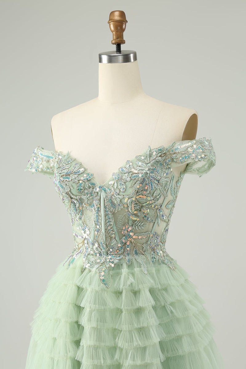 Load image into Gallery viewer, Sparkly Light Green A Line Off The Shoulder Corset Tulle Graduation Dress