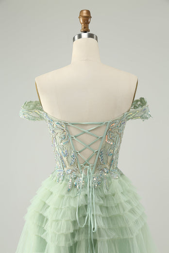 Sparkly Light Green A Line Off The Shoulder Corset Tulle Graduation Dress