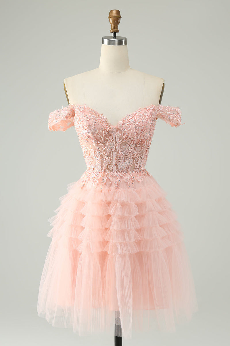 Load image into Gallery viewer, Blush A Line Off The Shoulder Corset Short Tulle Graduation Dress