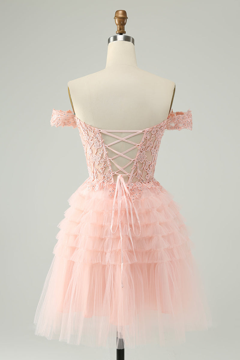 Load image into Gallery viewer, Blush A Line Off The Shoulder Corset Short Tulle Graduation Dress