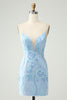 Load image into Gallery viewer, Light Blue Spaghetti Straps Tight Short Graduation Dress with Sequins