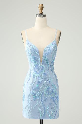 Light Blue Spaghetti Straps Tight Short Graduation Dress with Sequins