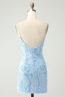 Light Blue Spaghetti Straps Tight Short Graduation Dress with Sequins