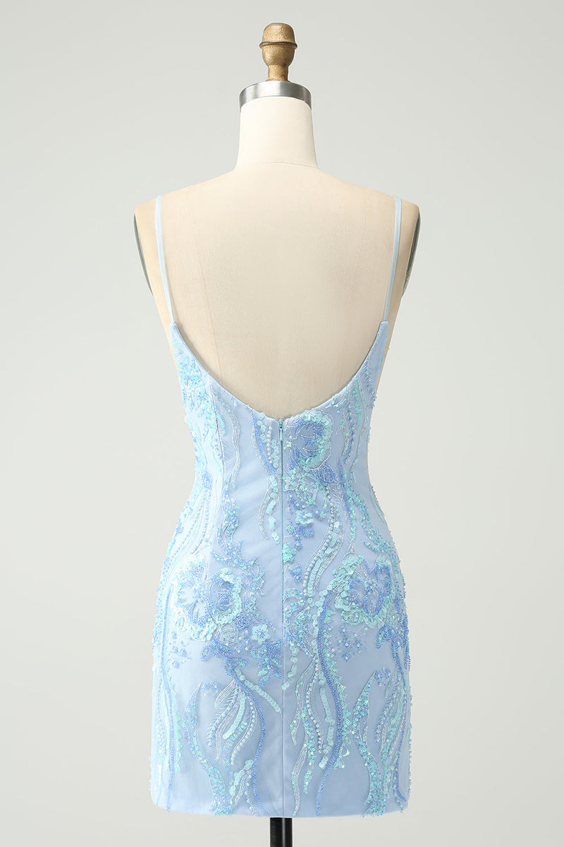 Load image into Gallery viewer, Light Blue Spaghetti Straps Tight Short Graduation Dress with Sequins