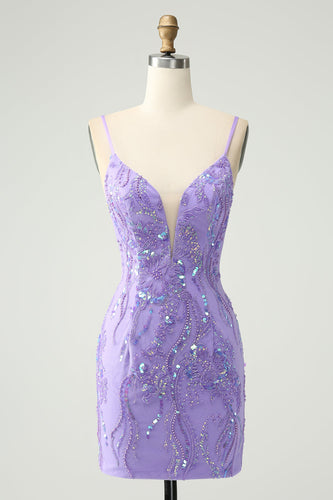 Sparkly Purple Spaghetti Straps Tight Short Graduation Dress with Sequins