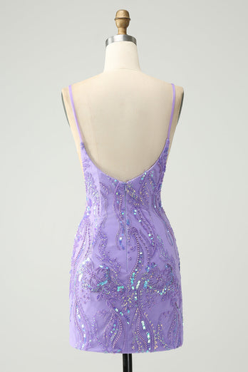 Sparkly Purple Spaghetti Straps Tight Short Graduation Dress with Sequins