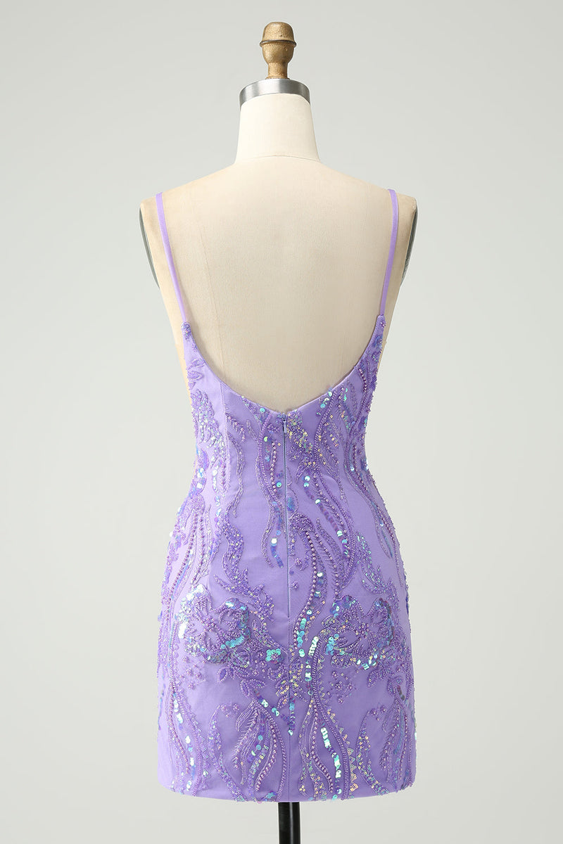 Load image into Gallery viewer, Sparkly Purple Spaghetti Straps Tight Short Graduation Dress with Sequins