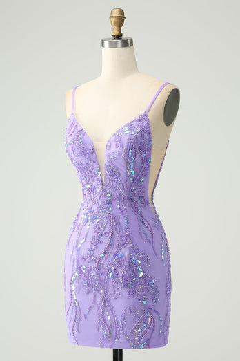 Sparkly Purple Spaghetti Straps Tight Short Graduation Dress with Sequins