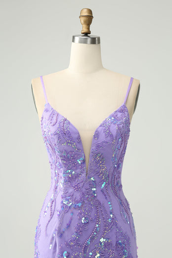 Sparkly Purple Spaghetti Straps Tight Short Graduation Dress with Sequins