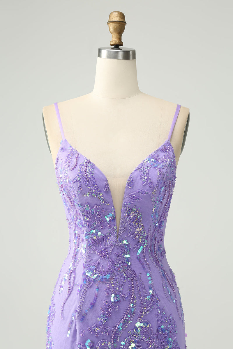 Load image into Gallery viewer, Sparkly Purple Spaghetti Straps Tight Short Graduation Dress with Sequins